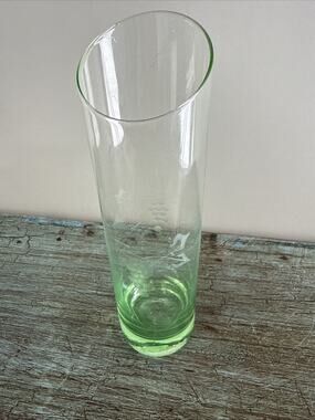 Vintage Green Etched Blown Glass Bud Vase Asymmetrical Roses Cylinder